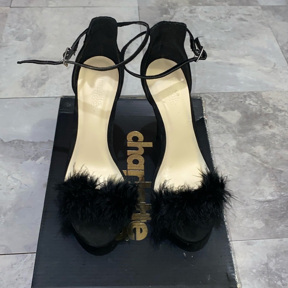Brand new Charlotte Russe black feather fur suede heels stiletto size 6 women